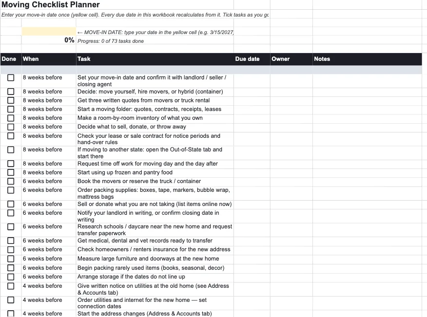 Checklist & Timeline tab of the Moving Checklist Planner in Google Sheets