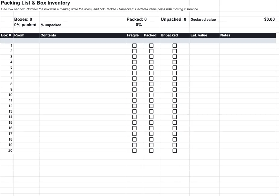 Packing List & Box Inventory tab of the Moving Checklist Planner in Google Sheets