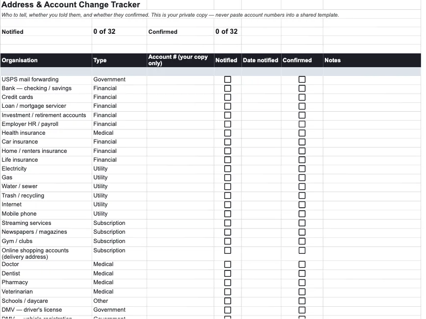 Address & Account Change Tracker tab of the Moving Checklist Planner in Google Sheets