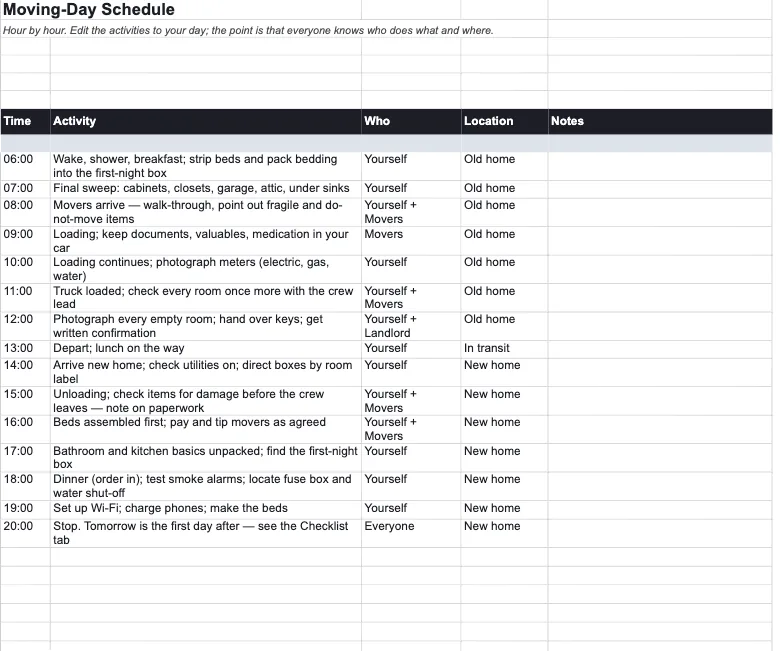 Moving-Day Schedule tab of the Moving Checklist Planner in Google Sheets