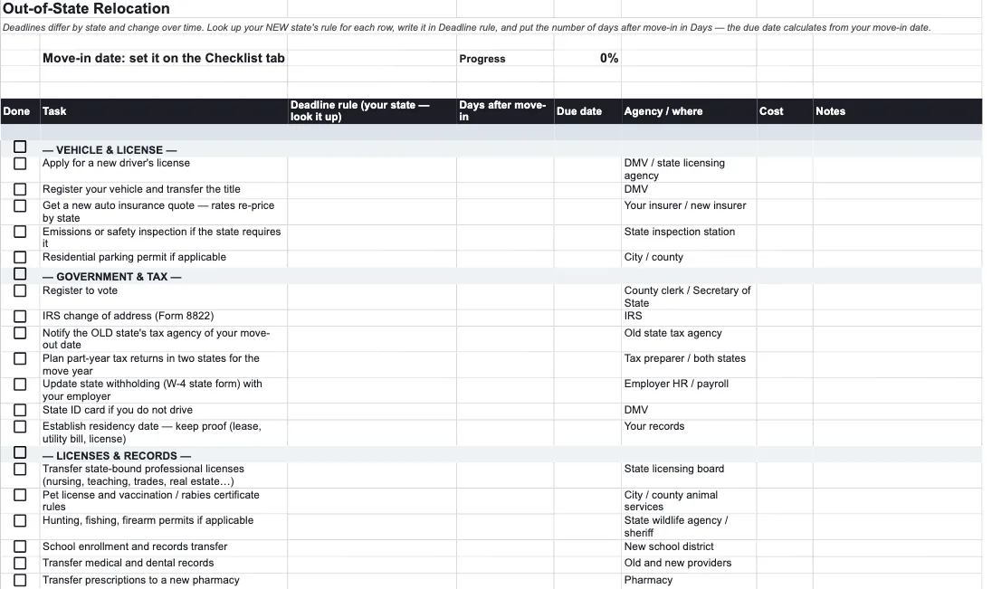 Out-of-State Relocation tab of the Moving Checklist Planner in Google Sheets
